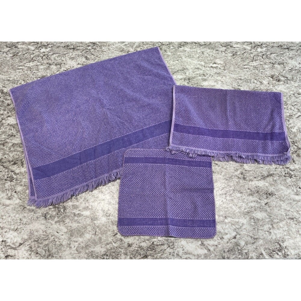 Fieldcrest Purple Cloth Cotton Fringe Towels 3 Piece Set Hand Bath MCM Vintage